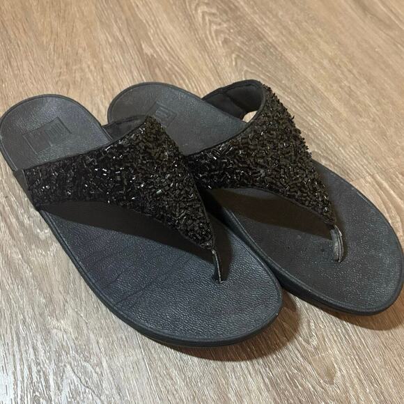 Fit Flop Shoes - FitFlop Lulu CJ2-090 Black Shimmer Beaded Thong Sandals Size 9 EU 41